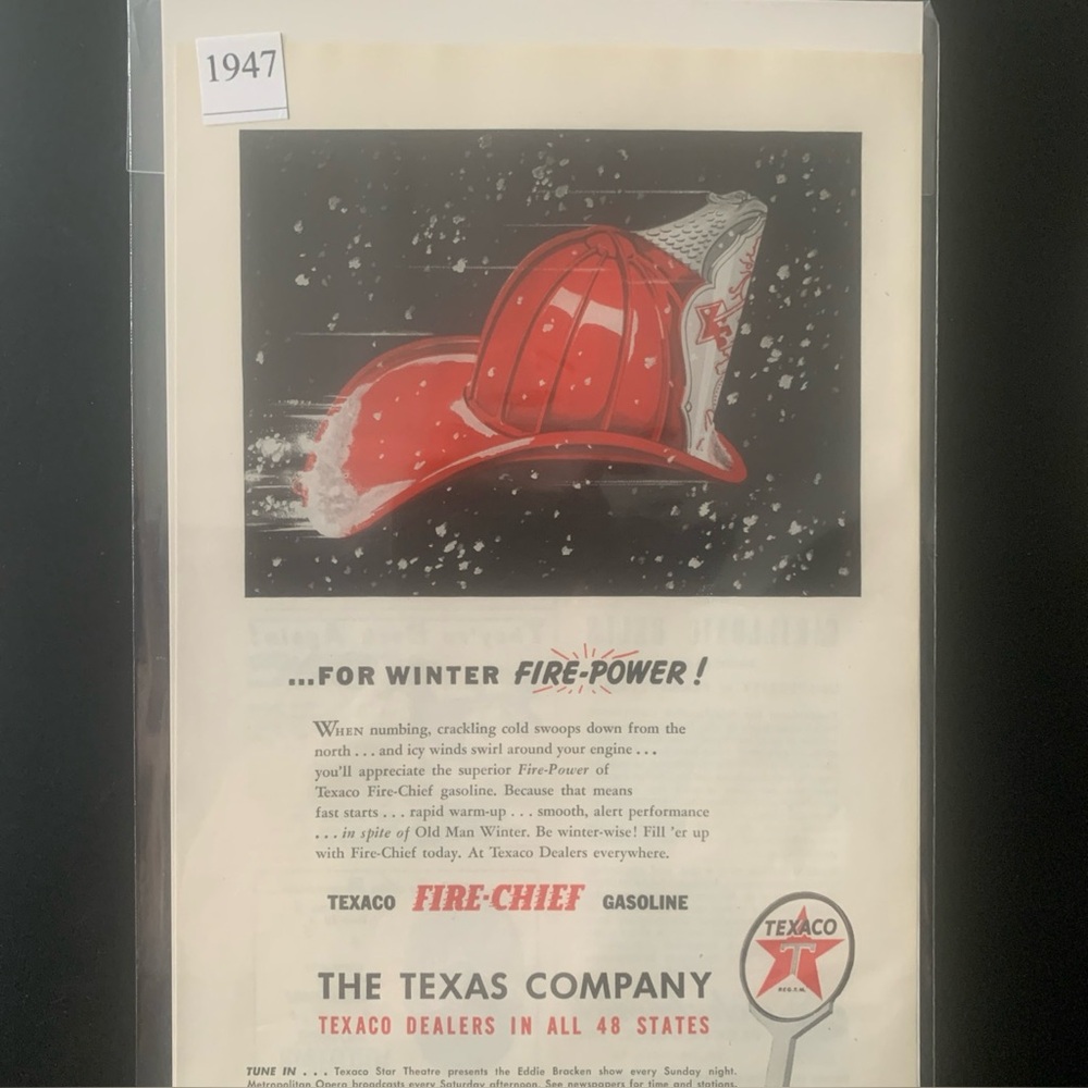 Vintage 1947 Texaco Fire Chief For Winter Fire Power Ad Advertisement